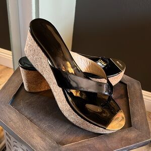 Jimmy Choo Black Patent Cork Wedge Thong Sandals read 👇